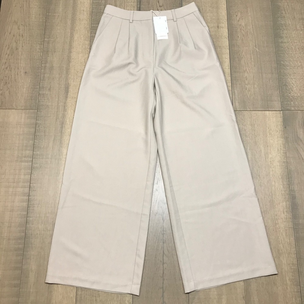 Commense Pants Womens Size L Beige Wide Leg Pleated Trousers High Rise Career